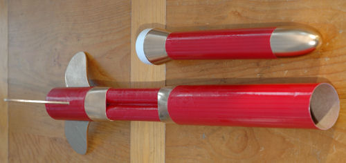 The completed painted rocket (in two halves)